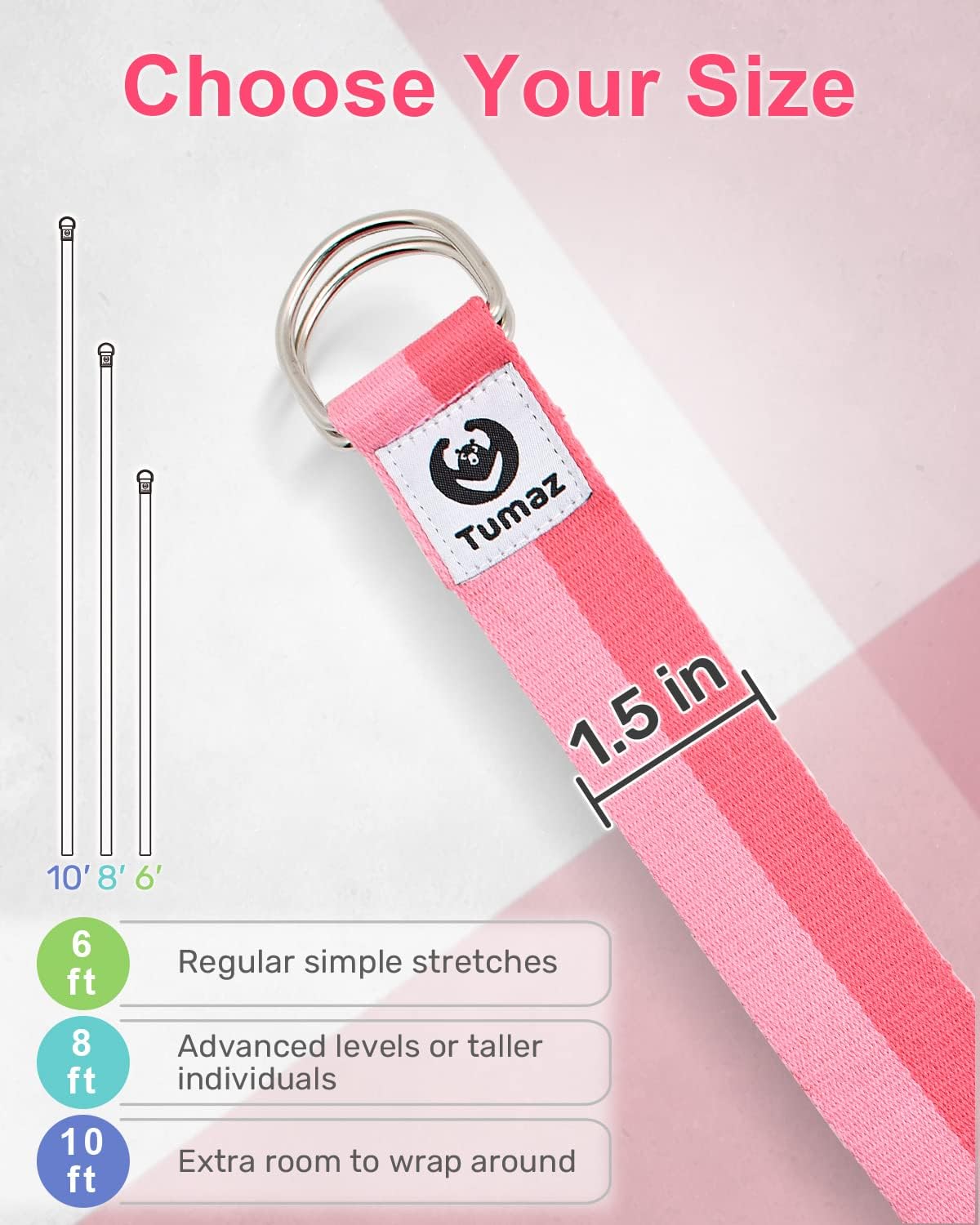 Yoga Strap for Stretching with Adjustable D-Ring, 6/8/10 ft | Adjustable D-Ring | Soft Cotton Blend | 15+ Colors | Non-Elastic Yoga Belt for Pilates Stretching & Physical Therapy