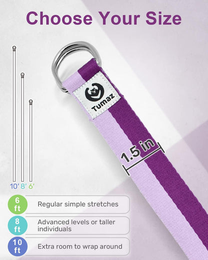 Yoga Strap for Stretching with Adjustable D-Ring, 6/8/10 ft | Adjustable D-Ring | Soft Cotton Blend | 15+ Colors | Non-Elastic Yoga Belt for Pilates Stretching & Physical Therapy