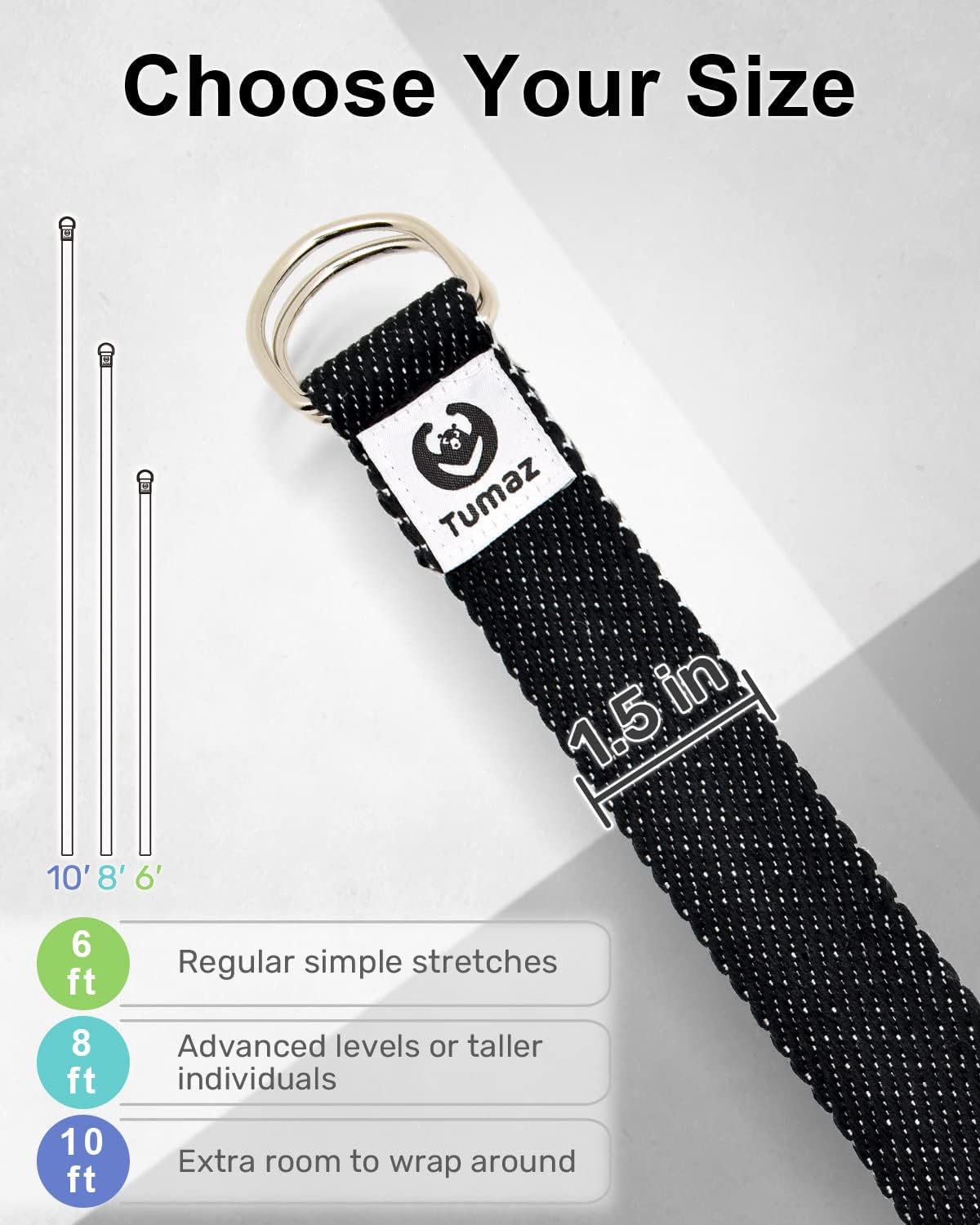 Yoga Strap for Stretching with Adjustable D-Ring, 6/8/10 ft | Adjustable D-Ring | Soft Cotton Blend | 15+ Colors | Non-Elastic Yoga Belt for Pilates Stretching & Physical Therapy