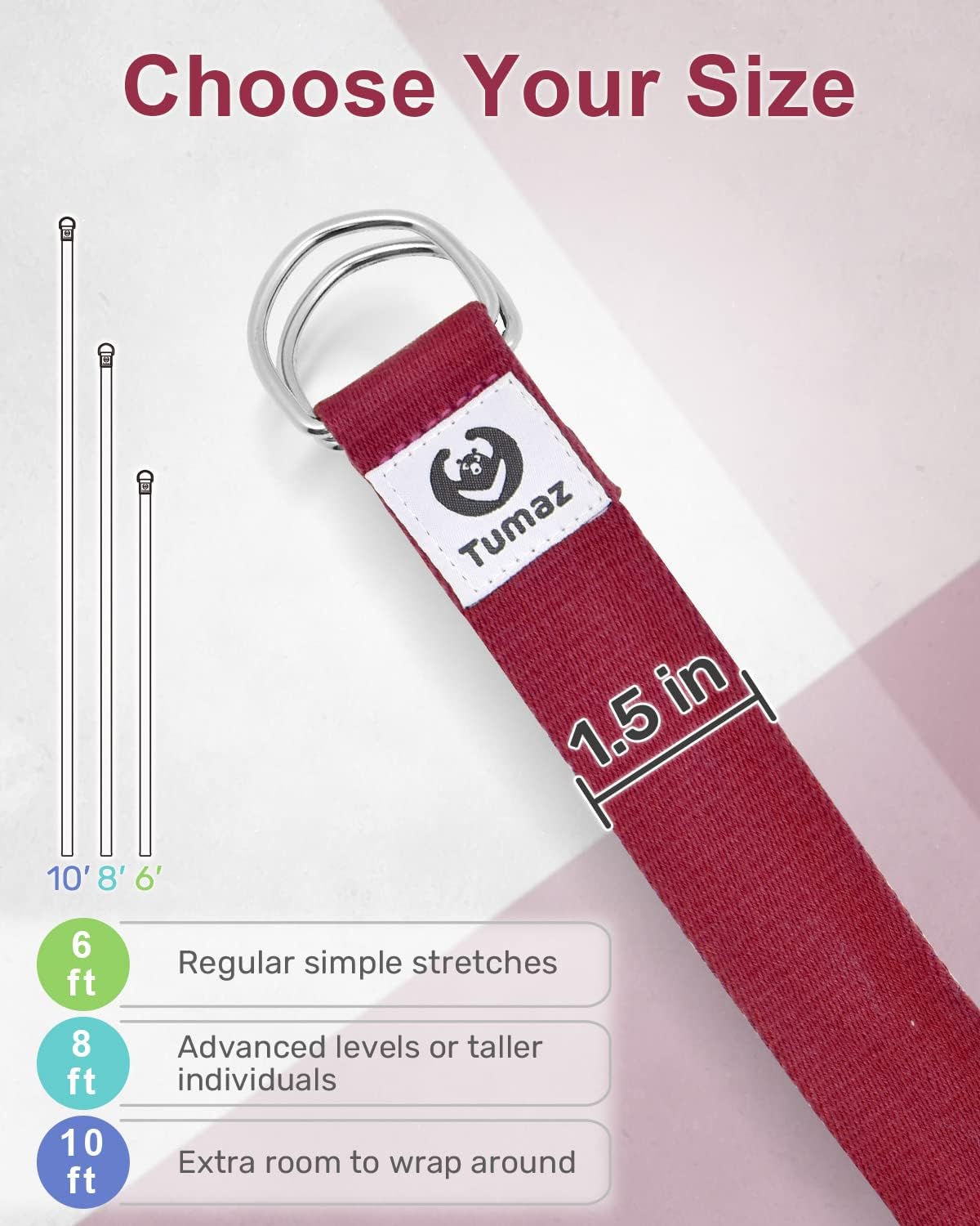 Yoga Strap for Stretching with Adjustable D-Ring, 6/8/10 ft | Adjustable D-Ring | Soft Cotton Blend | 15+ Colors | Non-Elastic Yoga Belt for Pilates Stretching & Physical Therapy