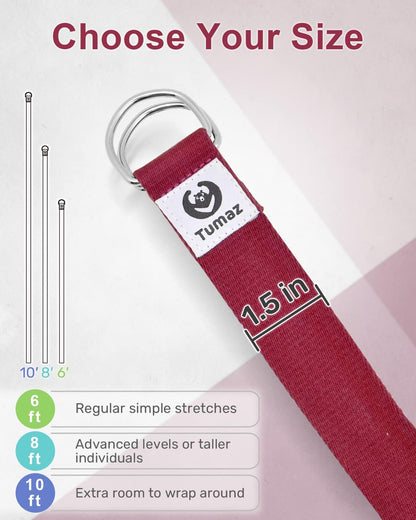 Yoga Strap for Stretching with Adjustable D-Ring, 6/8/10 ft | Adjustable D-Ring | Soft Cotton Blend | 15+ Colors | Non-Elastic Yoga Belt for Pilates Stretching & Physical Therapy