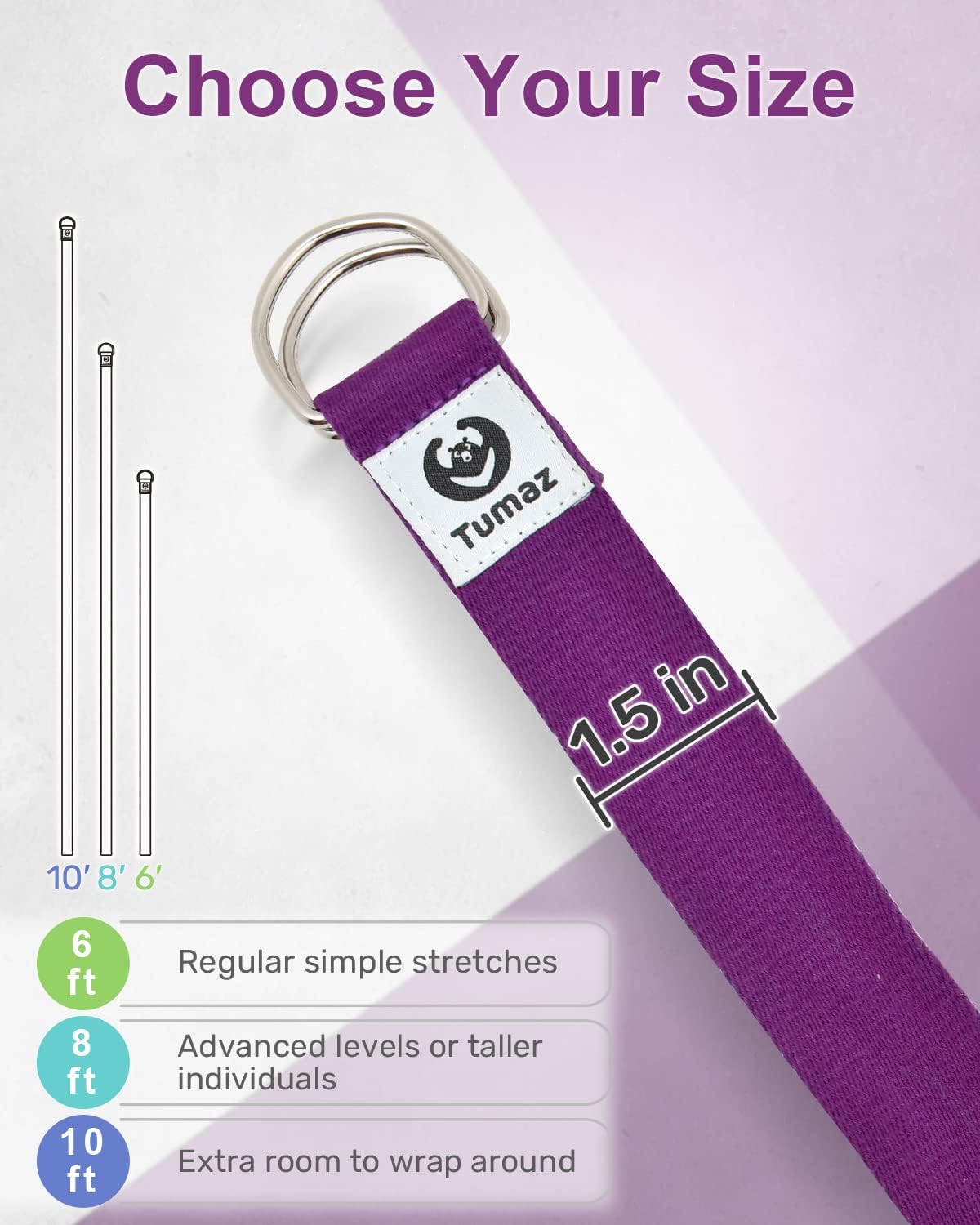 Yoga Strap for Stretching with Adjustable D-Ring, 6/8/10 ft | Adjustable D-Ring | Soft Cotton Blend | 15+ Colors | Non-Elastic Yoga Belt for Pilates Stretching & Physical Therapy