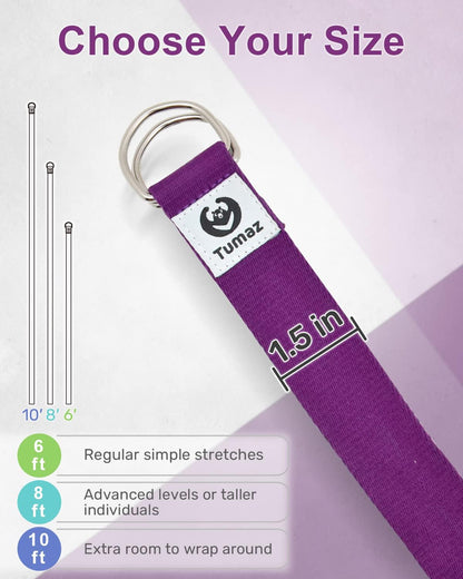 Yoga Strap for Stretching with Adjustable D-Ring, 6/8/10 ft | Adjustable D-Ring | Soft Cotton Blend | 15+ Colors | Non-Elastic Yoga Belt for Pilates Stretching & Physical Therapy