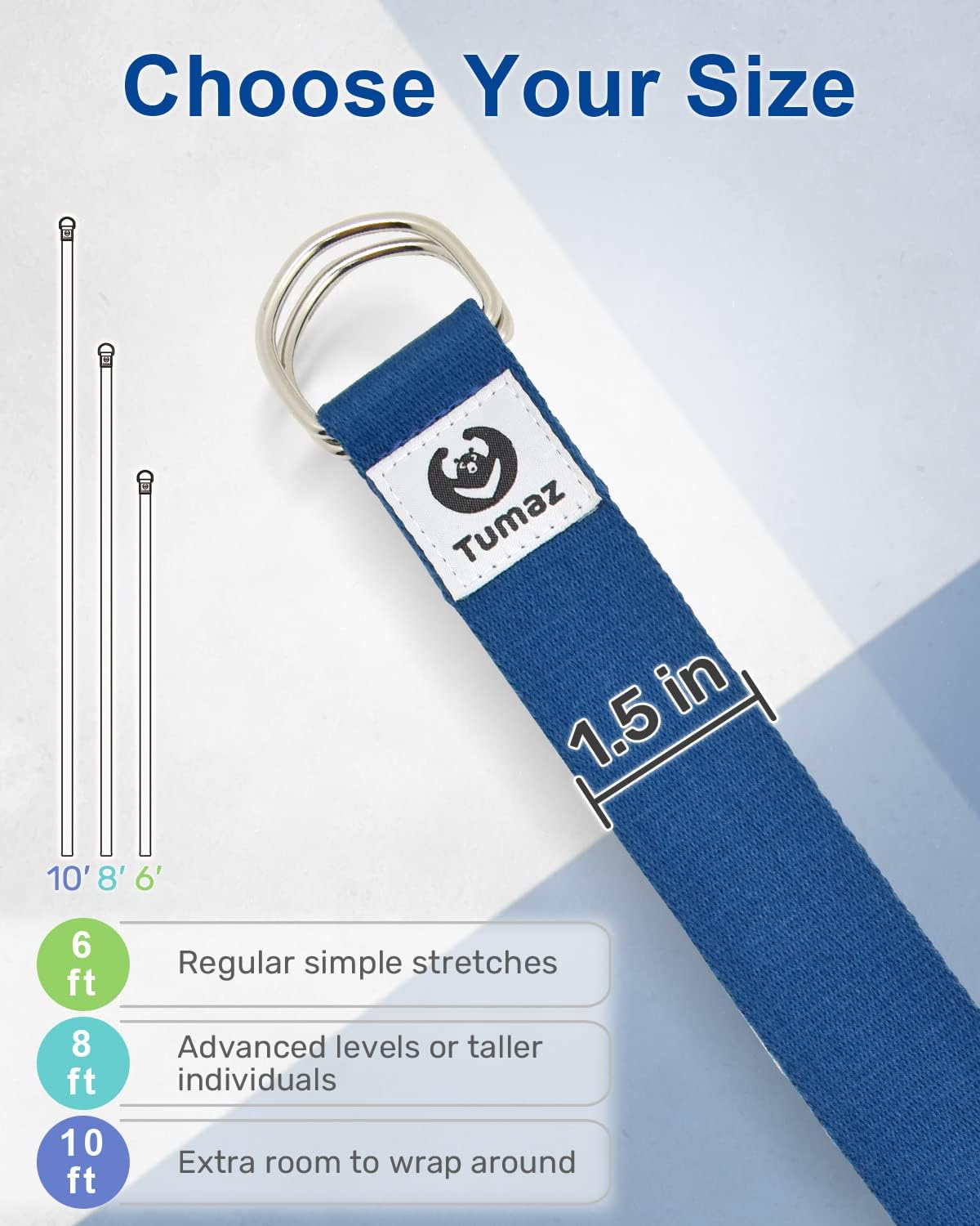 Yoga Strap for Stretching with Adjustable D-Ring, 6/8/10 ft | Adjustable D-Ring | Soft Cotton Blend | 15+ Colors | Non-Elastic Yoga Belt for Pilates Stretching & Physical Therapy
