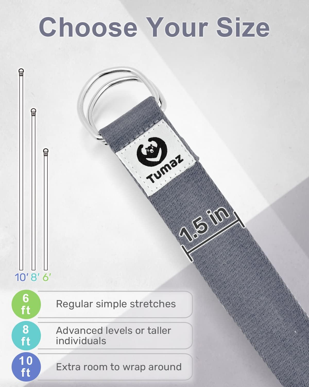 Yoga Strap for Stretching with Adjustable D-Ring, 6/8/10 ft | Adjustable D-Ring | Soft Cotton Blend | 15+ Colors | Non-Elastic Yoga Belt for Pilates Stretching & Physical Therapy