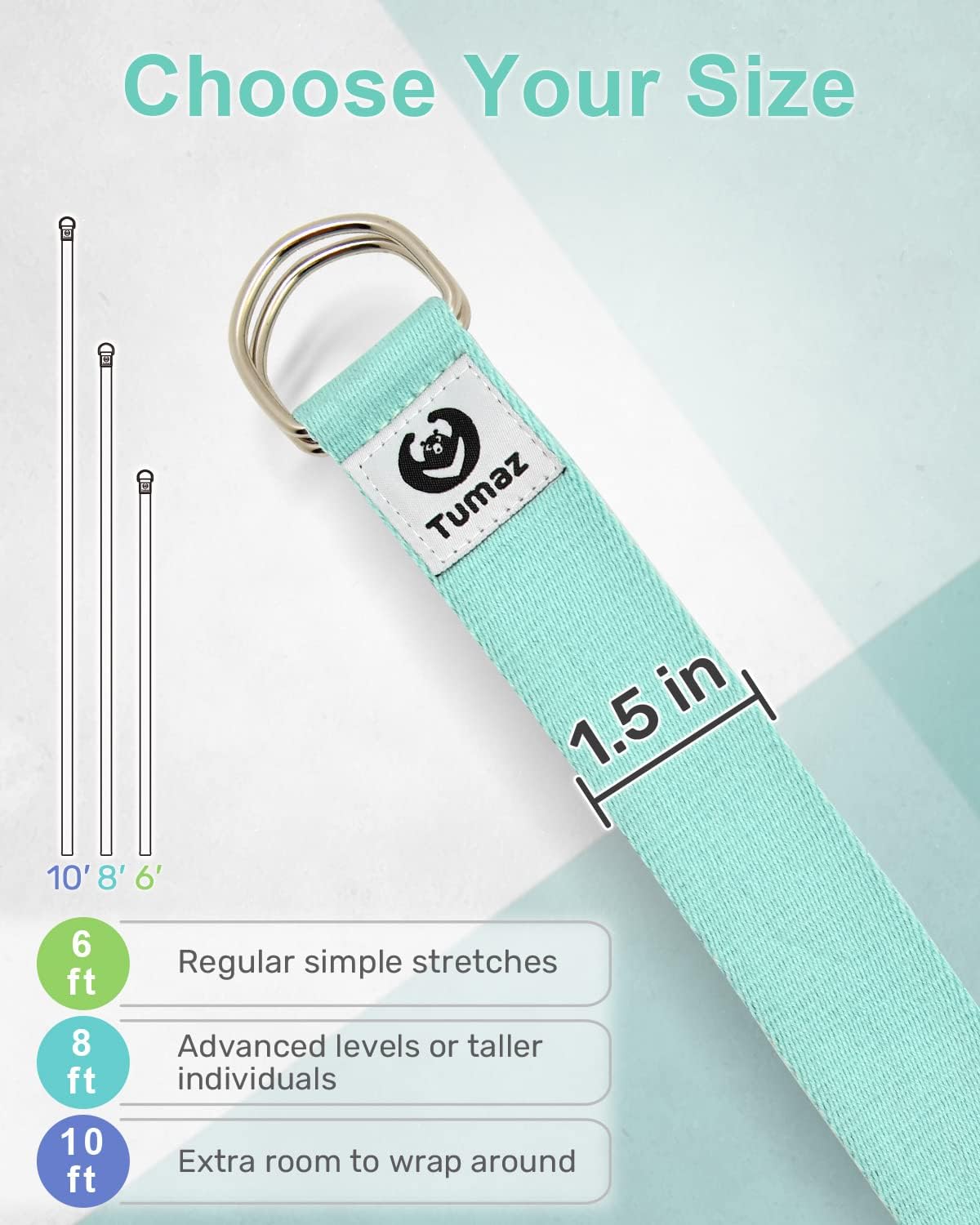 Yoga Strap for Stretching with Adjustable D-Ring, 6/8/10 ft | Adjustable D-Ring | Soft Cotton Blend | 15+ Colors | Non-Elastic Yoga Belt for Pilates Stretching & Physical Therapy