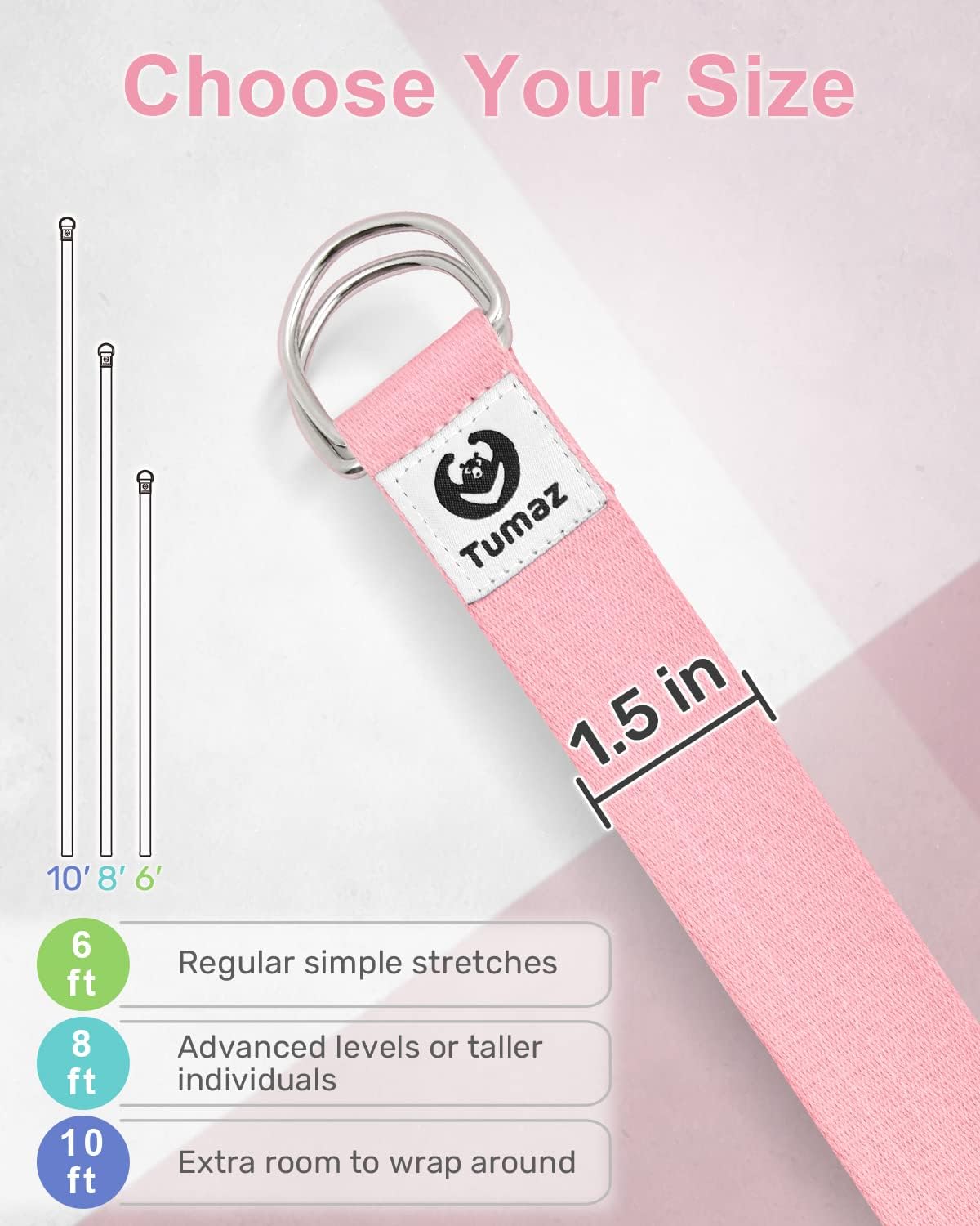 Yoga Strap for Stretching with Adjustable D-Ring, 6/8/10 ft | Adjustable D-Ring | Soft Cotton Blend | 15+ Colors | Non-Elastic Yoga Belt for Pilates Stretching & Physical Therapy