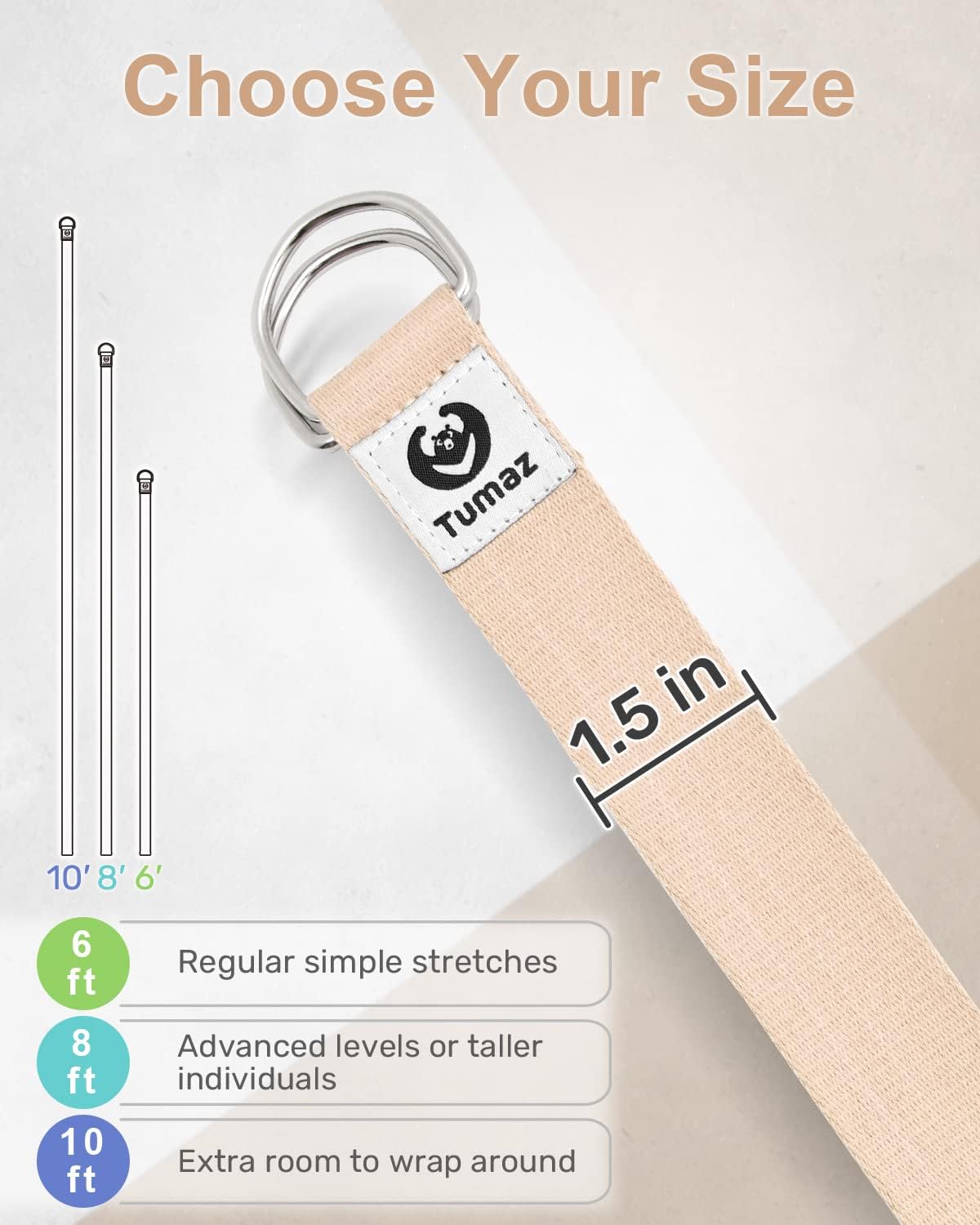 Yoga Strap for Stretching with Adjustable D-Ring, 6/8/10 ft | Adjustable D-Ring | Soft Cotton Blend | 15+ Colors | Non-Elastic Yoga Belt for Pilates Stretching & Physical Therapy