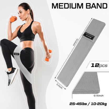 12 Pcs Fabric Resistance Bands for Working Out Non-Slip Booty Exercise Loop Bands for Women Men Glutes Hip Thigh Butt Yoga Pilates Fitness Gym, Light Medium Heavy