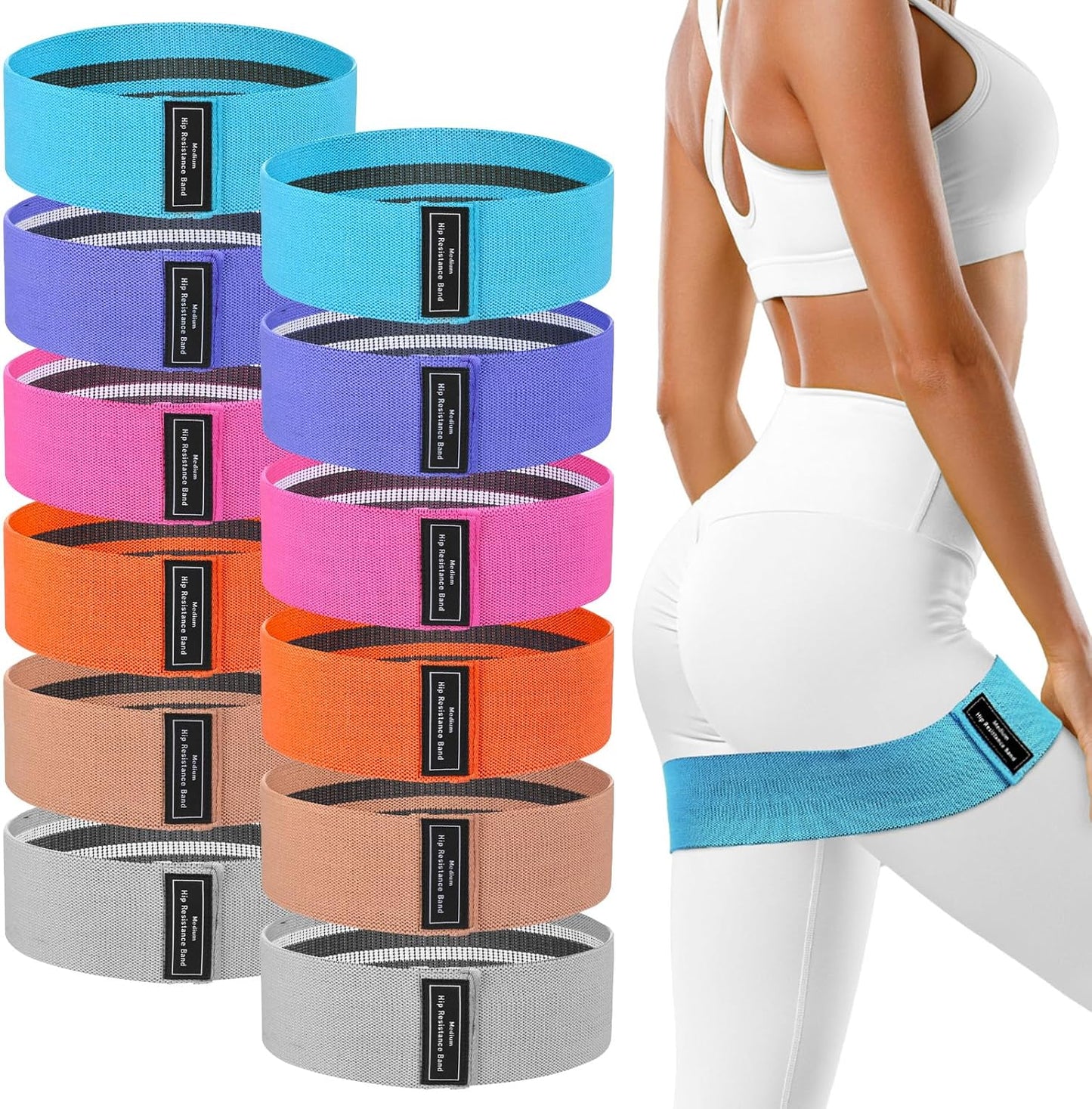 12 Pcs Fabric Resistance Bands for Working Out Non-Slip Booty Exercise Loop Bands for Women Men Glutes Hip Thigh Butt Yoga Pilates Fitness Gym, Light Medium Heavy