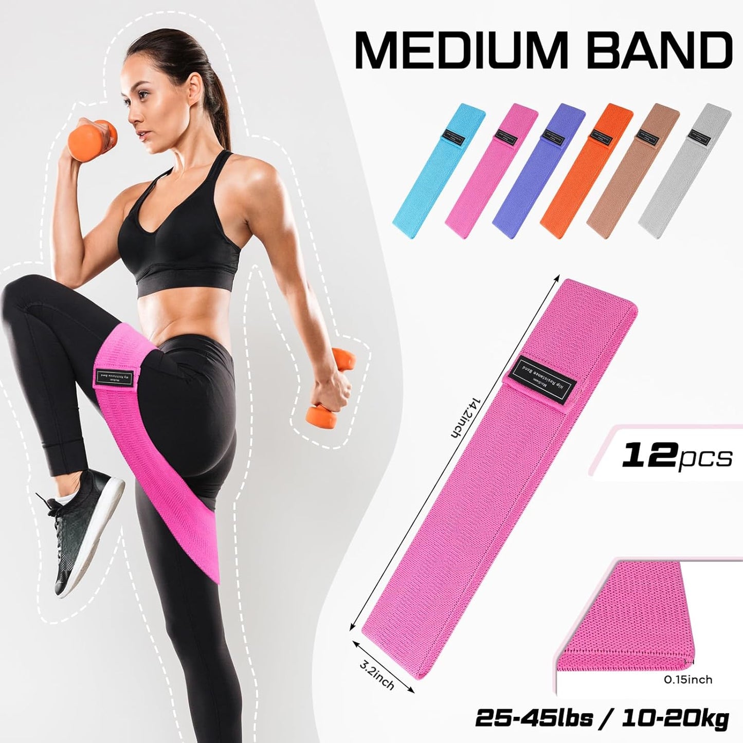 12 Pcs Fabric Resistance Bands for Working Out Non-Slip Booty Exercise Loop Bands for Women Men Glutes Hip Thigh Butt Yoga Pilates Fitness Gym, Light Medium Heavy