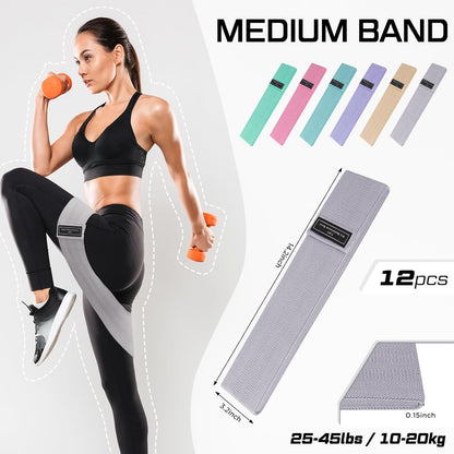 12 Pcs Fabric Resistance Bands for Working Out Non-Slip Booty Exercise Loop Bands for Women Men Glutes Hip Thigh Butt Yoga Pilates Fitness Gym, Light Medium Heavy