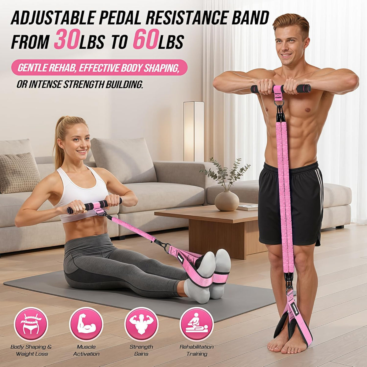 Upgrade Pedal Resistance Band with Handle, Adjustable Tube Foot Pedal Device Puller Exercise Bands, for Abs Arm Leg Waist Workout, Core Pilates, Sit Up Fitness Equipment for Full Body Training