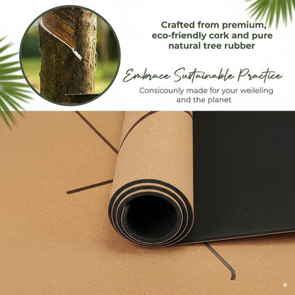 Premium Cork Yoga Mat | Extra-Large 5mm Thick Mat with Natural Tree Rubber Base | Non-Slip Surface with Alignment Lines for Posture Support | Eco-Friendly, Durable & Comfortable for All Yoga Practices