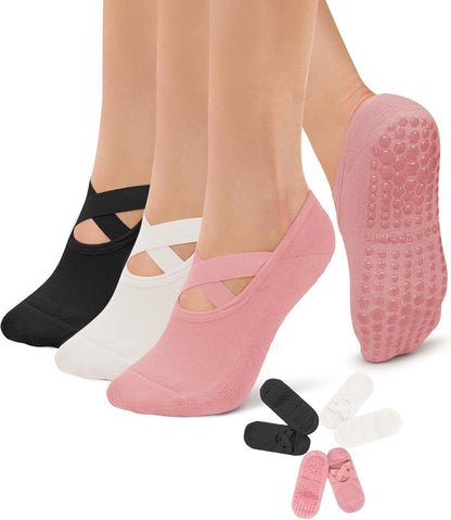 3 Pack Pilates Socks Yoga Socks with Grips for Women Non Slip, Workout, Pure Barre, Ballet, Dance, Hospital Socks