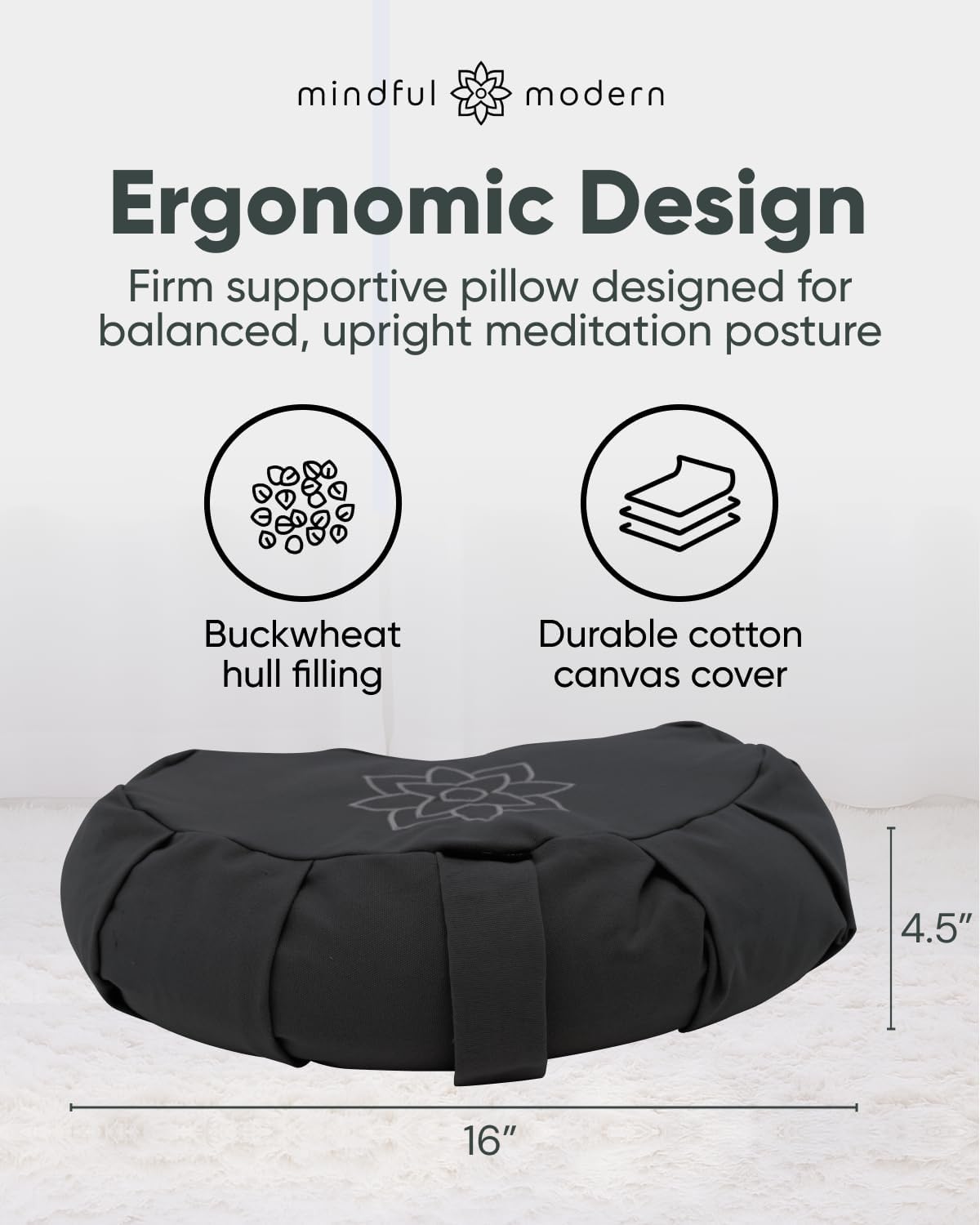 Large Meditation Cushion for Zafu Yoga - Meditation Pillow for Sitting on the Floor - Buckwheat Hull Filled Yoga Cushion with Removable, Washable 100% Cotton Cover and Carry Handle