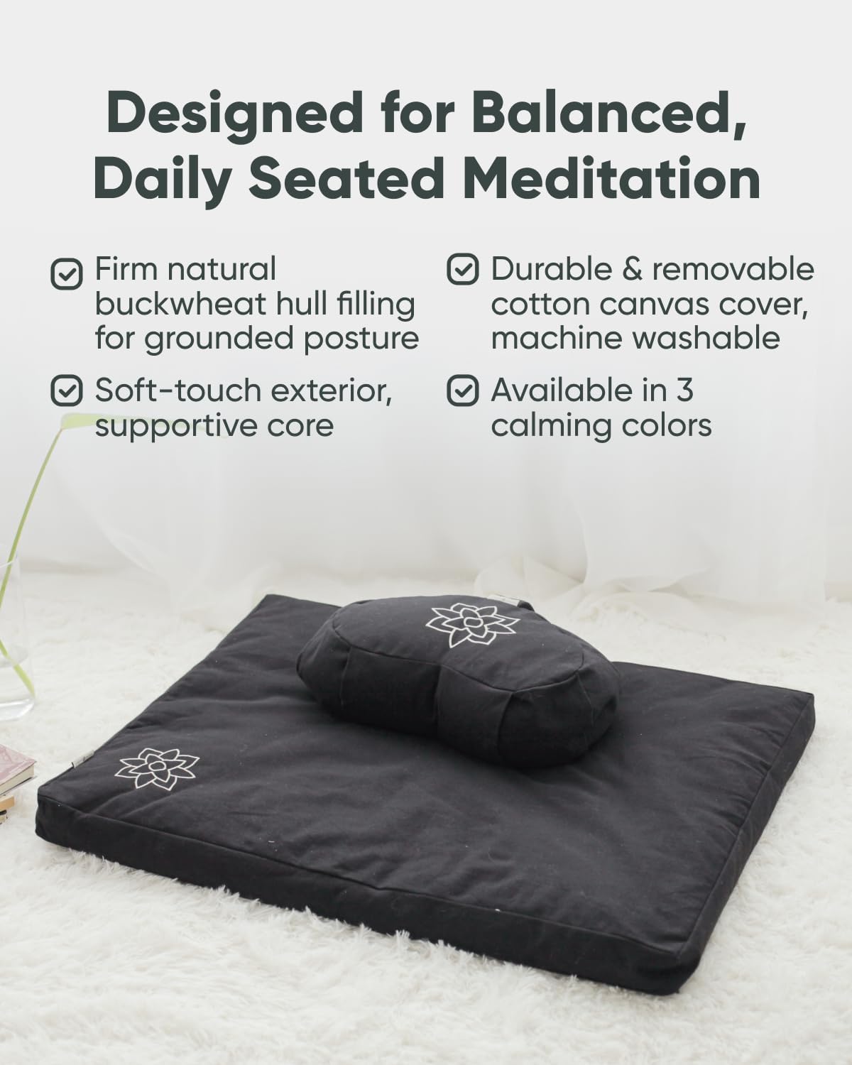 Large Meditation Cushion for Zafu Yoga - Meditation Pillow for Sitting on the Floor - Buckwheat Hull Filled Yoga Cushion with Removable, Washable 100% Cotton Cover and Carry Handle