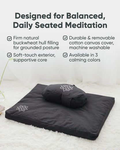 Large Meditation Cushion for Zafu Yoga - Meditation Pillow for Sitting on the Floor - Buckwheat Hull Filled Yoga Cushion with Removable, Washable 100% Cotton Cover and Carry Handle