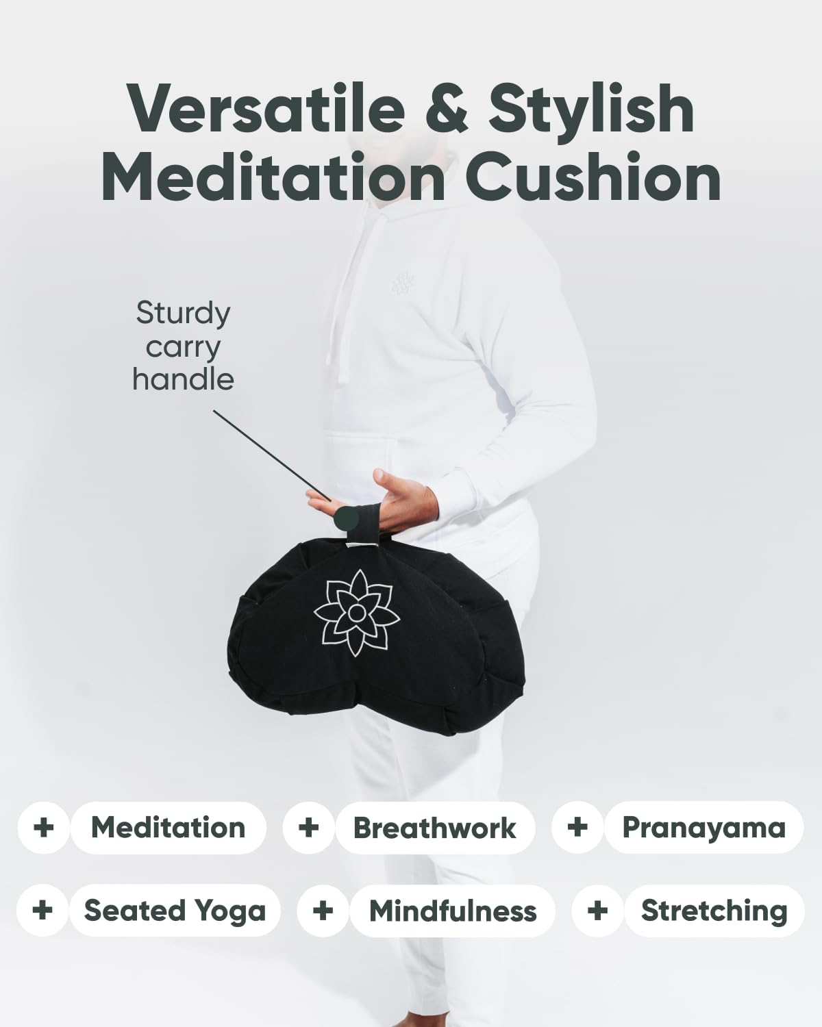 Large Meditation Cushion for Zafu Yoga - Meditation Pillow for Sitting on the Floor - Buckwheat Hull Filled Yoga Cushion with Removable, Washable 100% Cotton Cover and Carry Handle