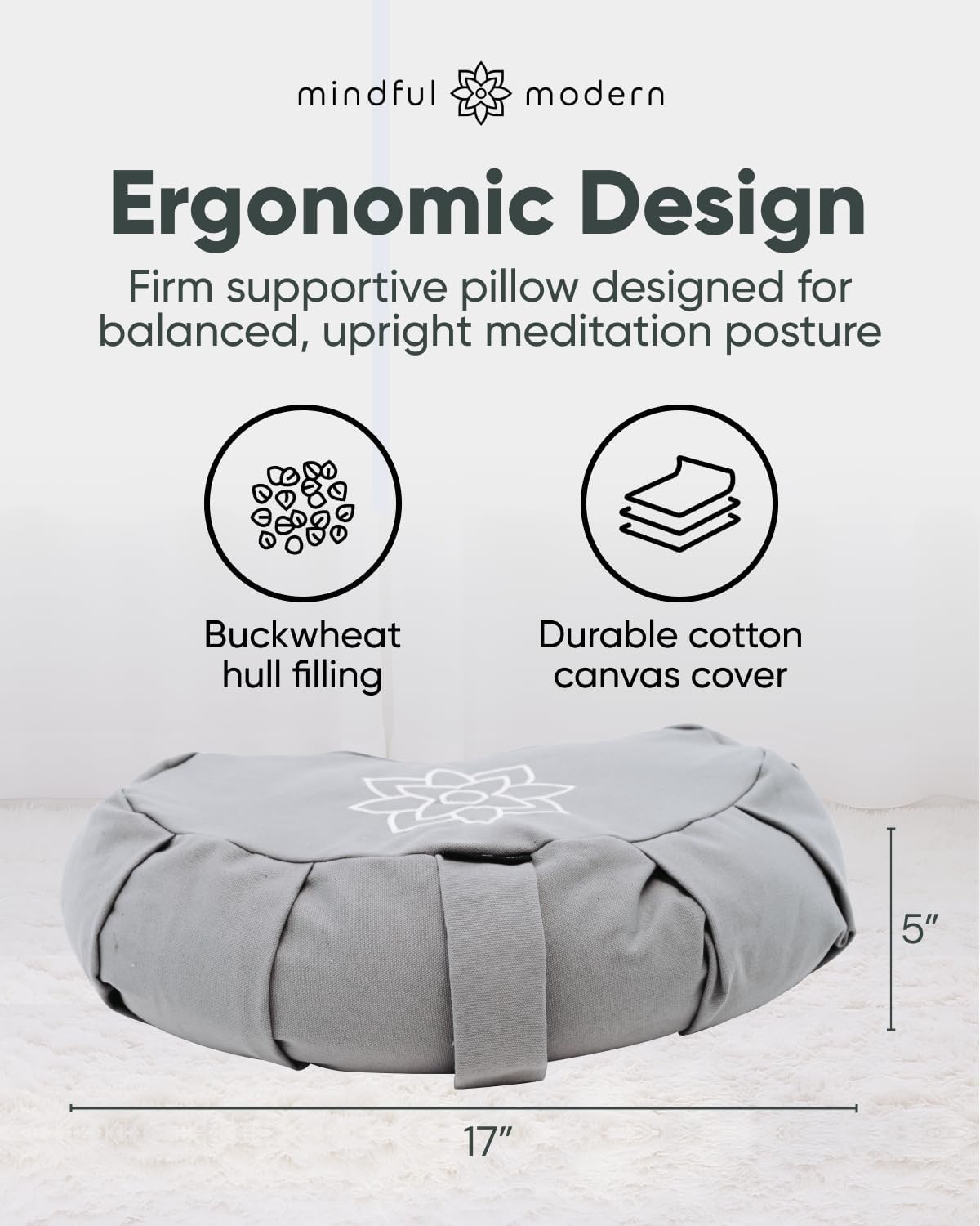 Large Meditation Cushion for Zafu Yoga - Meditation Pillow for Sitting on the Floor - Buckwheat Hull Filled Yoga Cushion with Removable, Washable 100% Cotton Cover and Carry Handle