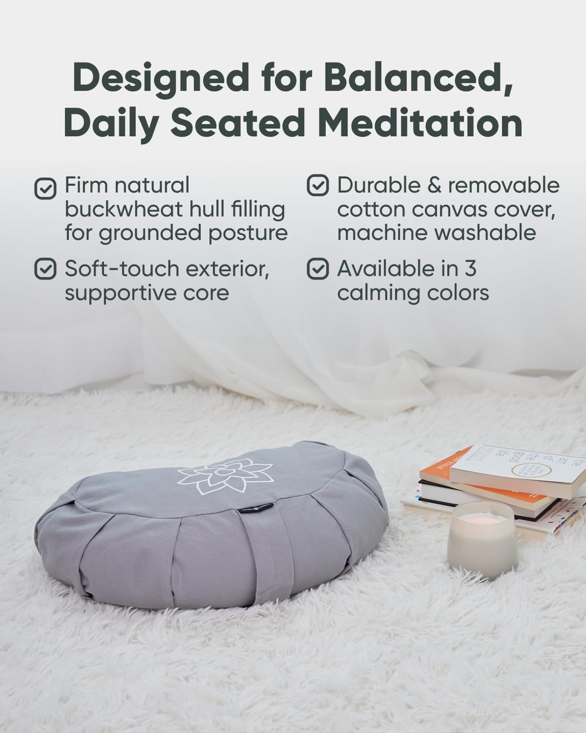 Large Meditation Cushion for Zafu Yoga - Meditation Pillow for Sitting on the Floor - Buckwheat Hull Filled Yoga Cushion with Removable, Washable 100% Cotton Cover and Carry Handle
