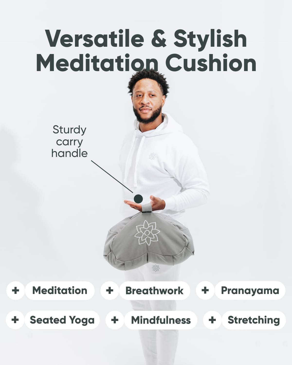 Large Meditation Cushion for Zafu Yoga - Meditation Pillow for Sitting on the Floor - Buckwheat Hull Filled Yoga Cushion with Removable, Washable 100% Cotton Cover and Carry Handle