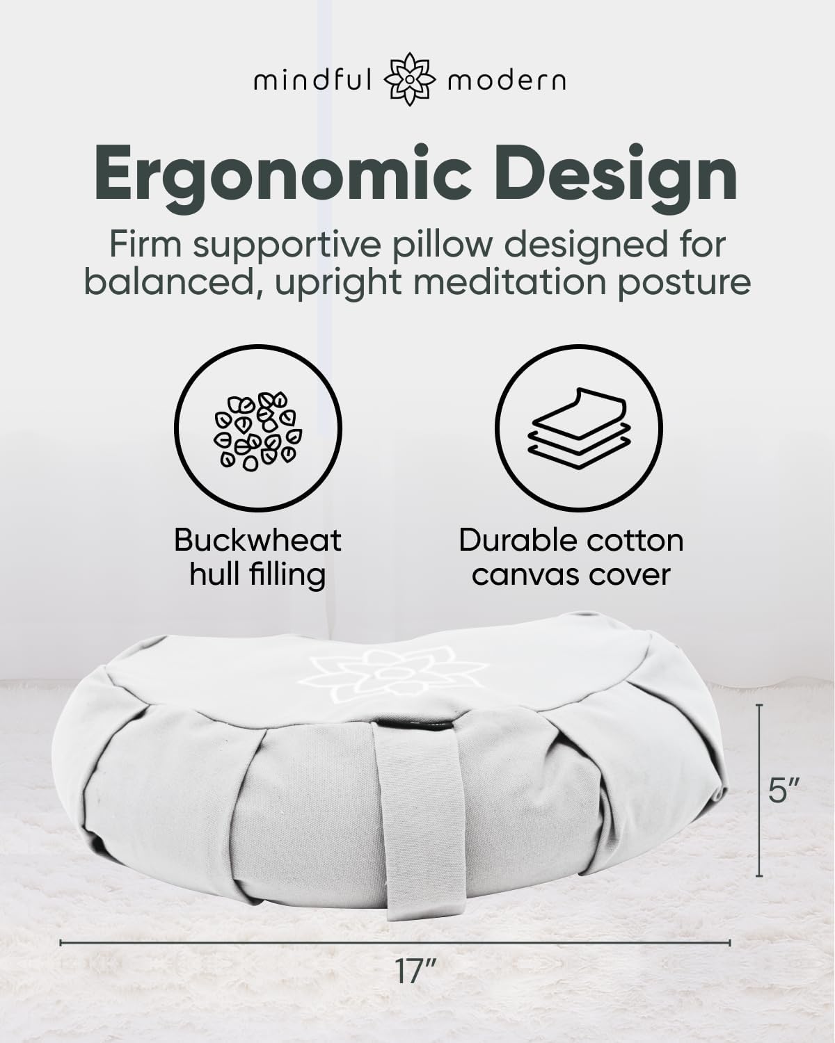 Large Meditation Cushion for Zafu Yoga - Meditation Pillow for Sitting on the Floor - Buckwheat Hull Filled Yoga Cushion with Removable, Washable 100% Cotton Cover and Carry Handle
