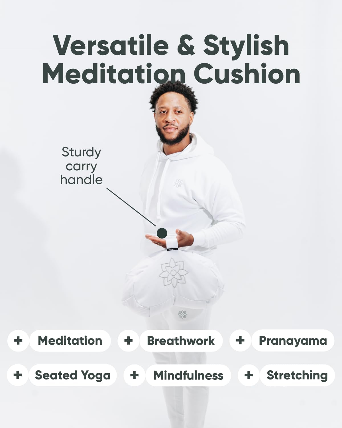 Large Meditation Cushion for Zafu Yoga - Meditation Pillow for Sitting on the Floor - Buckwheat Hull Filled Yoga Cushion with Removable, Washable 100% Cotton Cover and Carry Handle