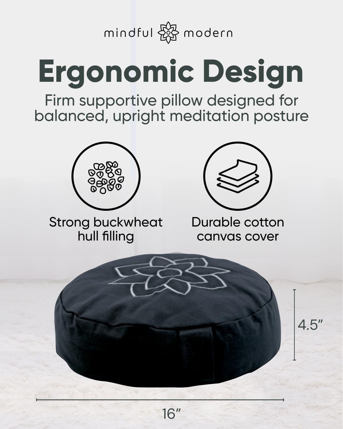 Large Meditation Cushion for Zafu Yoga - Meditation Pillow for Sitting on the Floor - Buckwheat Hull Filled Yoga Cushion with Removable, Washable 100% Cotton Cover and Carry Handle