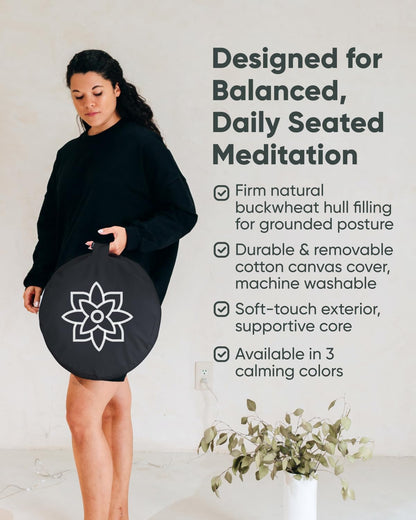 Large Meditation Cushion for Zafu Yoga - Meditation Pillow for Sitting on the Floor - Buckwheat Hull Filled Yoga Cushion with Removable, Washable 100% Cotton Cover and Carry Handle