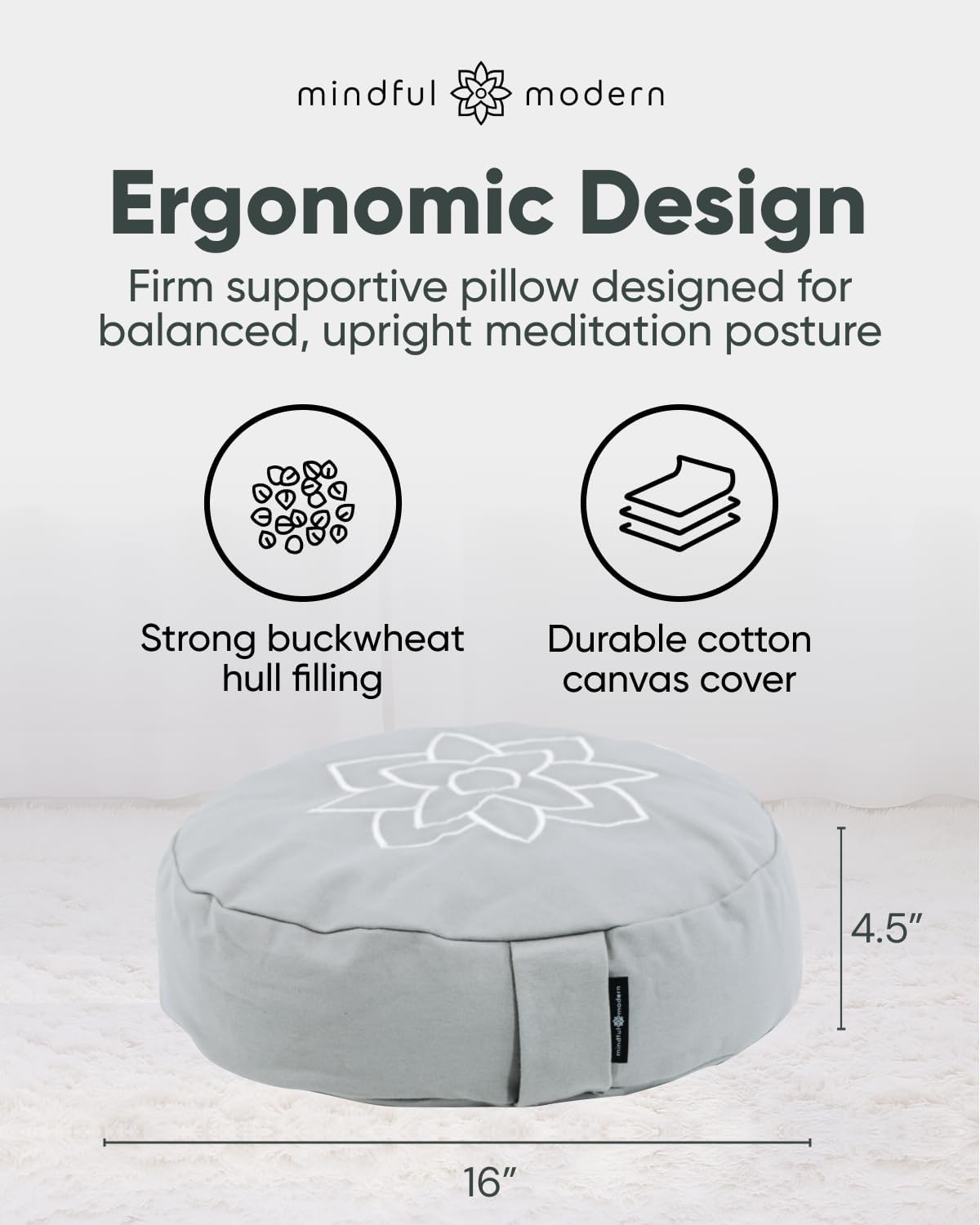 Large Meditation Cushion for Zafu Yoga - Meditation Pillow for Sitting on the Floor - Buckwheat Hull Filled Yoga Cushion with Removable, Washable 100% Cotton Cover and Carry Handle