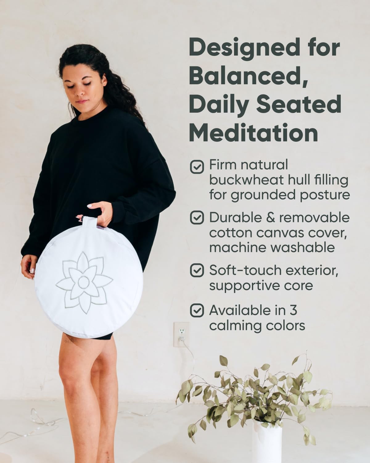 Large Meditation Cushion for Zafu Yoga - Meditation Pillow for Sitting on the Floor - Buckwheat Hull Filled Yoga Cushion with Removable, Washable 100% Cotton Cover and Carry Handle