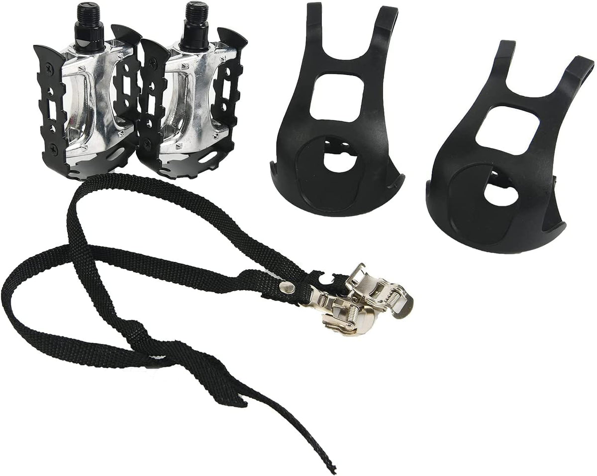 9/16 Bike Replacement Pedals with Adjustable Straps/Teo Clip for Exercise Bike, Mountain Bike, Indoor Stationary Exercise Bike, Indoor Home Gym