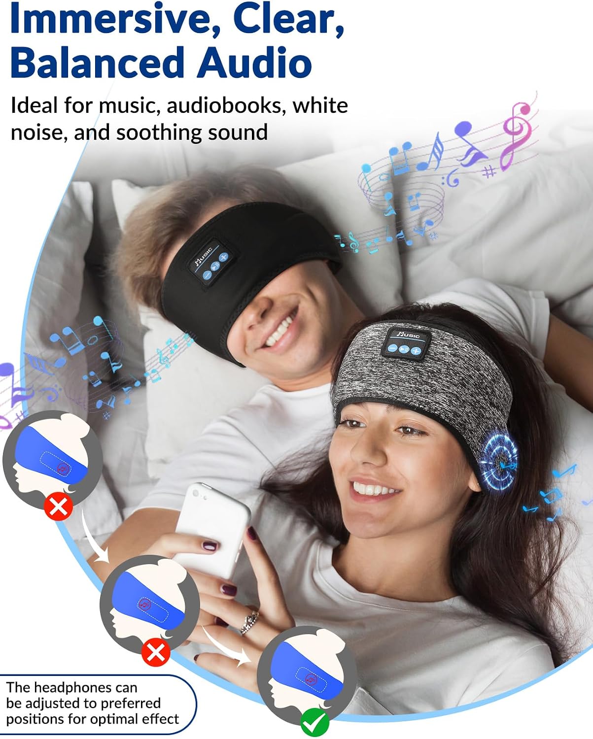 Adjustable Sleeping Headphones 2PCS Hook-and-Loop Bluetooth Headband
