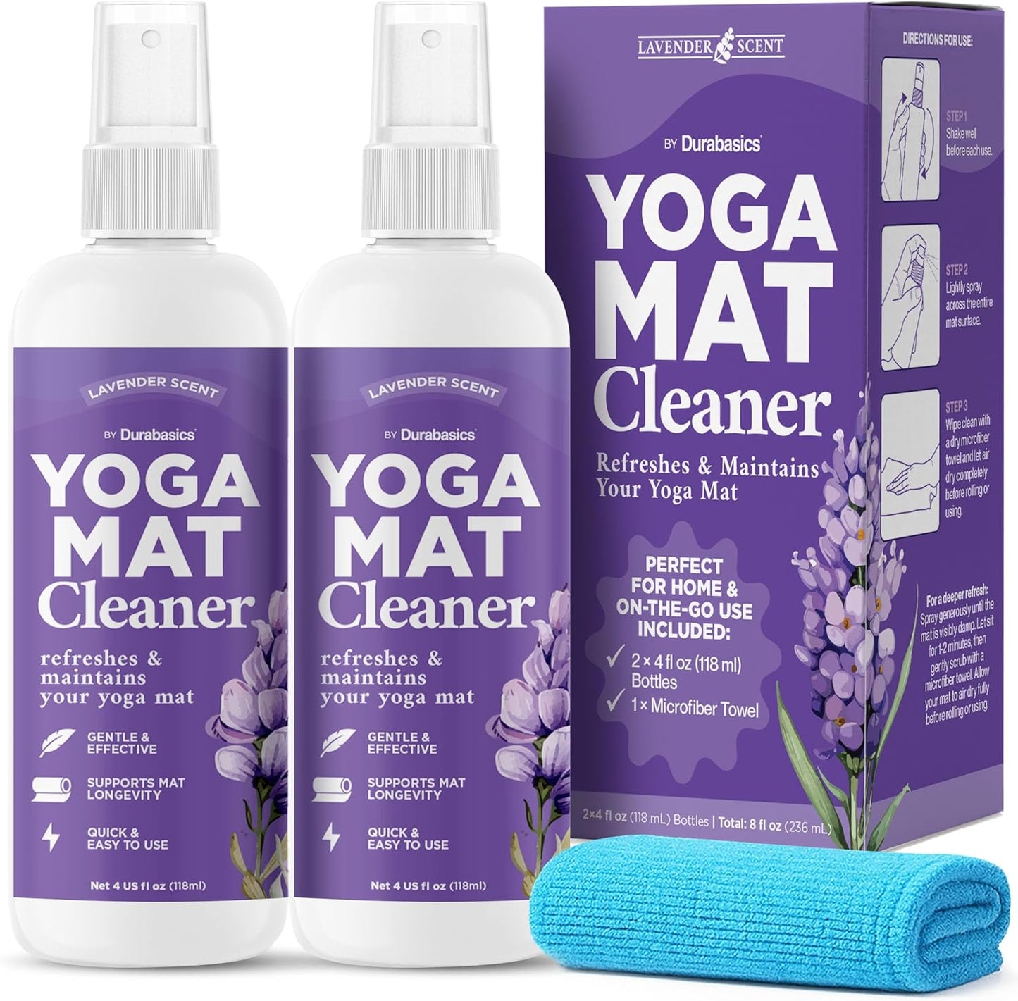 Yoga Mat Cleaner Spray – Lavender Scent – 2 Pack (4 oz Each) with Microfiber Towel – Mat Spray Cleaner for Sweat & Odor – Quick-Dry, No Rinse Formula for Gear & Gym Equipment