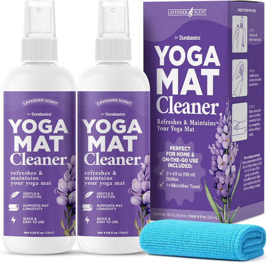 Yoga Mat Cleaner Spray – Lavender Scent – 2 Pack (4 oz Each) with Microfiber Towel – Mat Spray Cleaner for Sweat & Odor – Quick-Dry, No Rinse Formula for Gear & Gym Equipment