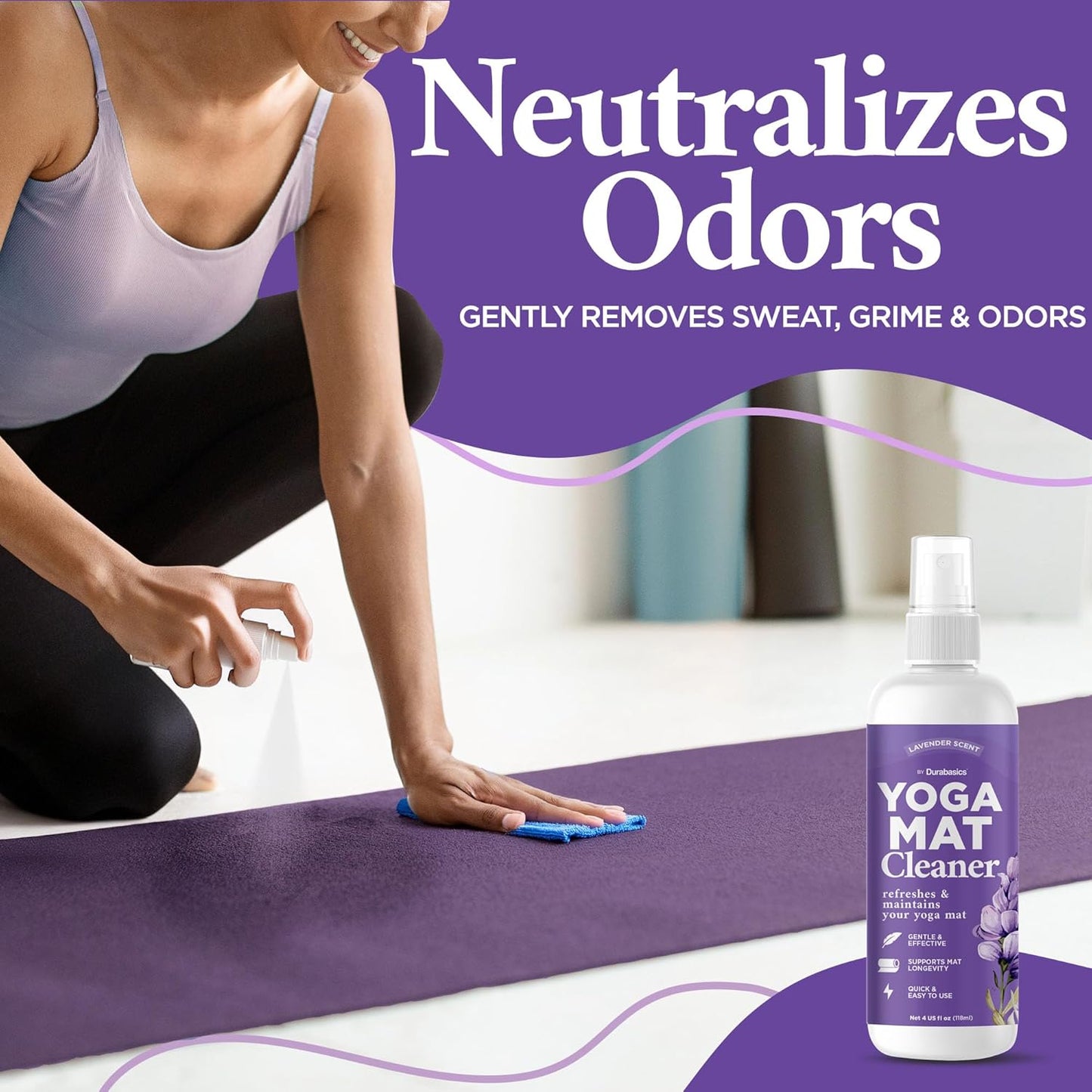 Yoga Mat Cleaner Spray – Lavender Scent – 2 Pack (4 oz Each) with Microfiber Towel – Mat Spray Cleaner for Sweat & Odor – Quick-Dry, No Rinse Formula for Gear & Gym Equipment