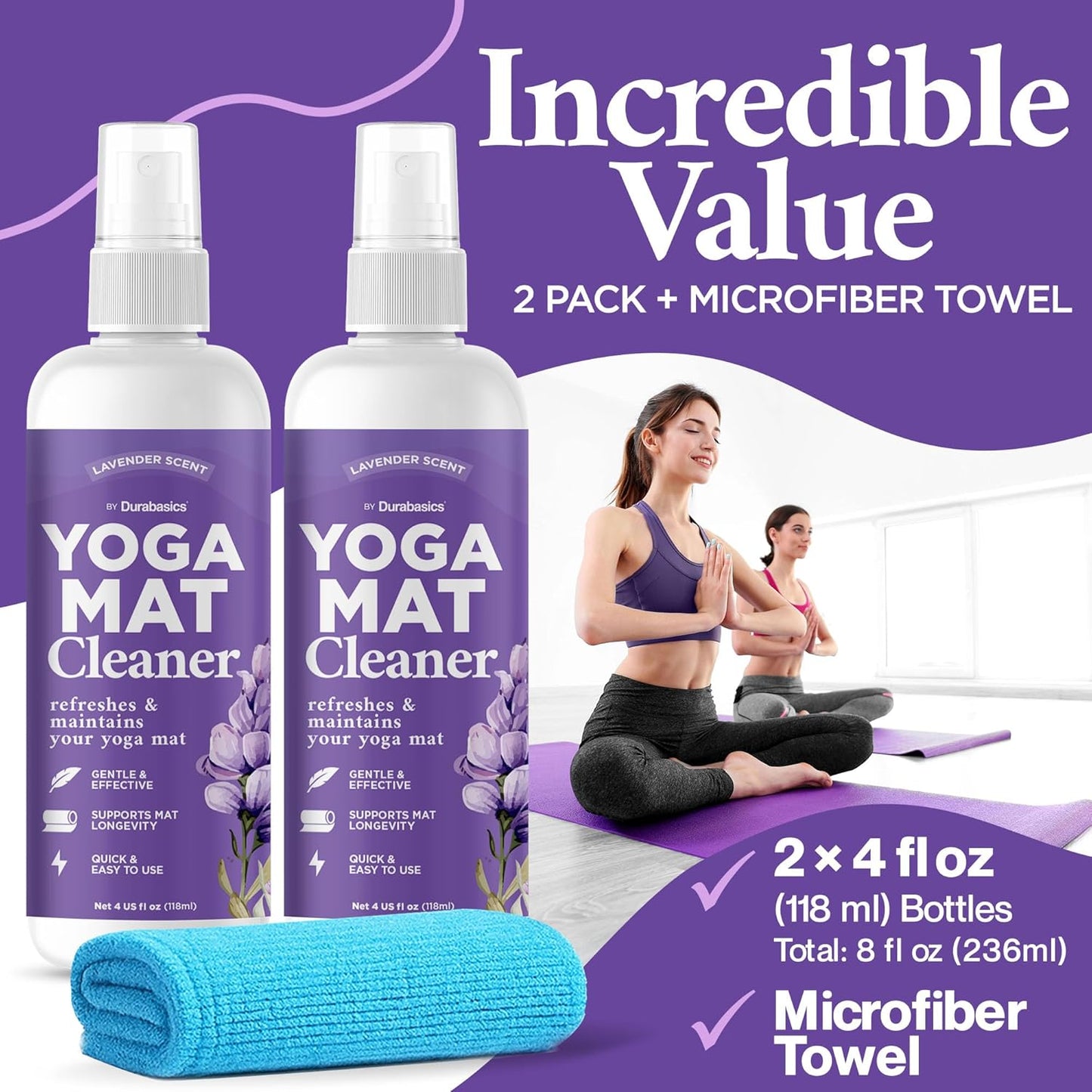 Yoga Mat Cleaner Spray – Lavender Scent – 2 Pack (4 oz Each) with Microfiber Towel – Mat Spray Cleaner for Sweat & Odor – Quick-Dry, No Rinse Formula for Gear & Gym Equipment