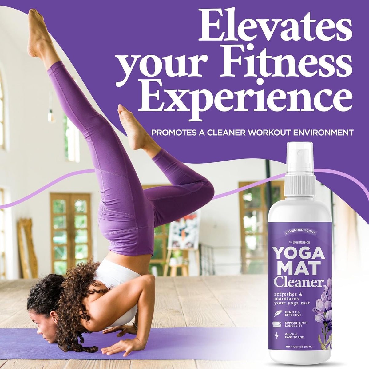 Yoga Mat Cleaner Spray – Lavender Scent – 2 Pack (4 oz Each) with Microfiber Towel – Mat Spray Cleaner for Sweat & Odor – Quick-Dry, No Rinse Formula for Gear & Gym Equipment