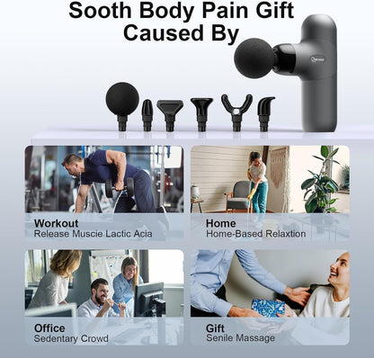 Mini Massage Gun, Deep Tissue Percussion Muscle Massager, Compact Portable Handheld Massager with 6 Heads & 4 Speeds, Quiet for Home, Gym, Office, Travel, Gift for Men and Women
