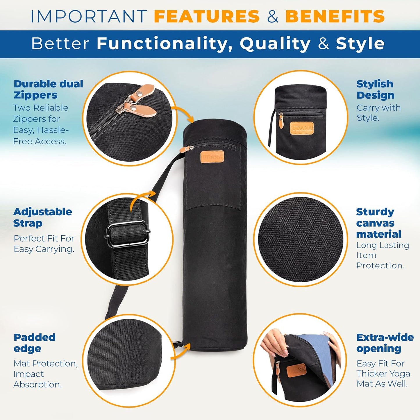 UDANA Canvas Yoga Mat Bag for Women & Men, Full-Zip Carrier with 3 Pockets & Adjustable Strap, Stylish Gym & Pilates Bag – Available in Multiple Sizes