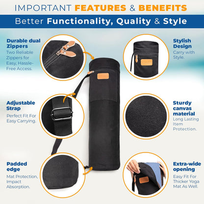 UDANA Canvas Yoga Mat Bag for Women & Men, Full-Zip Carrier with 3 Pockets & Adjustable Strap, Stylish Gym & Pilates Bag – Available in Multiple Sizes