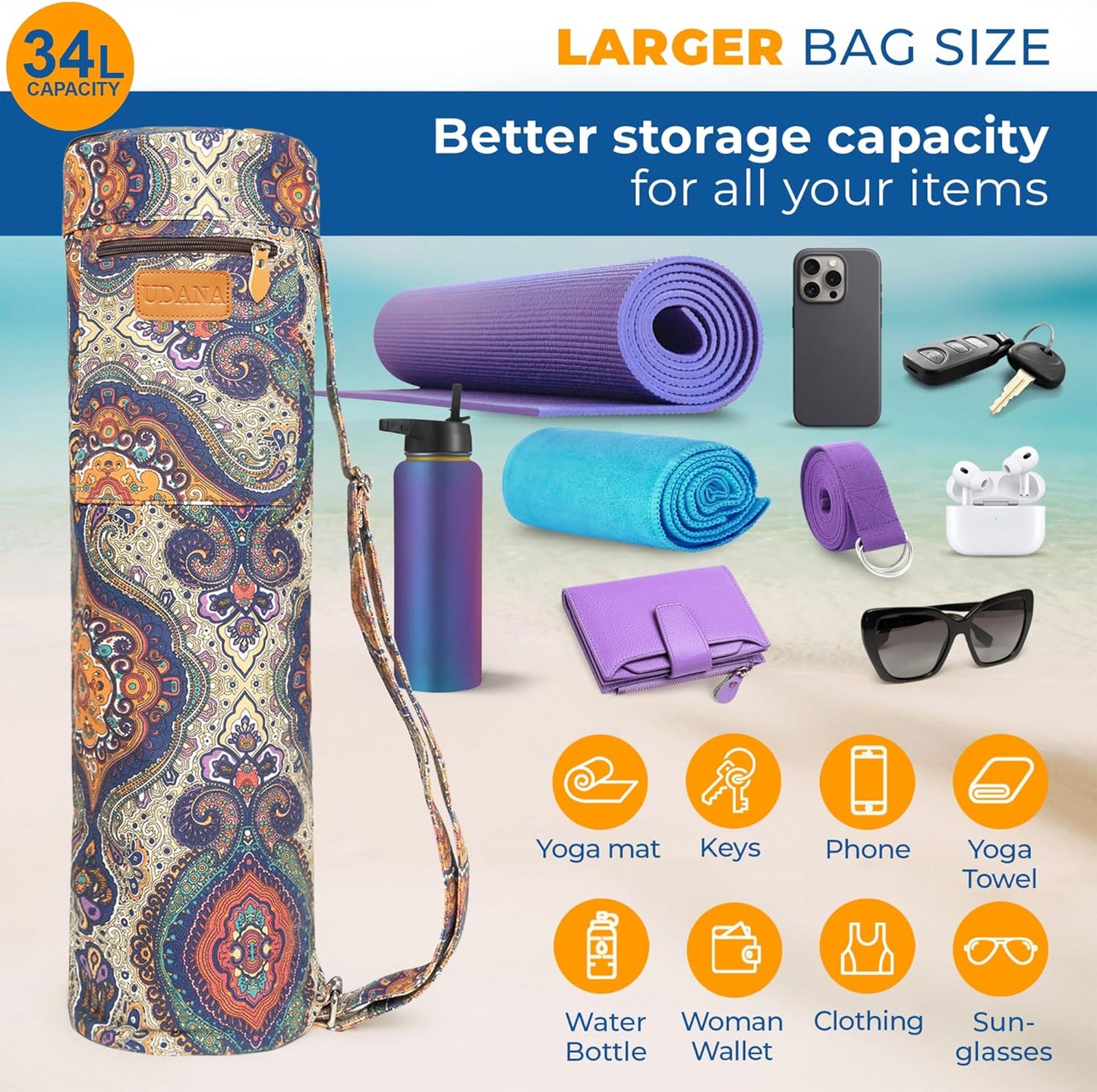 UDANA Canvas Yoga Mat Bag for Women & Men, Full-Zip Carrier with 3 Pockets & Adjustable Strap, Stylish Gym & Pilates Bag – Available in Multiple Sizes
