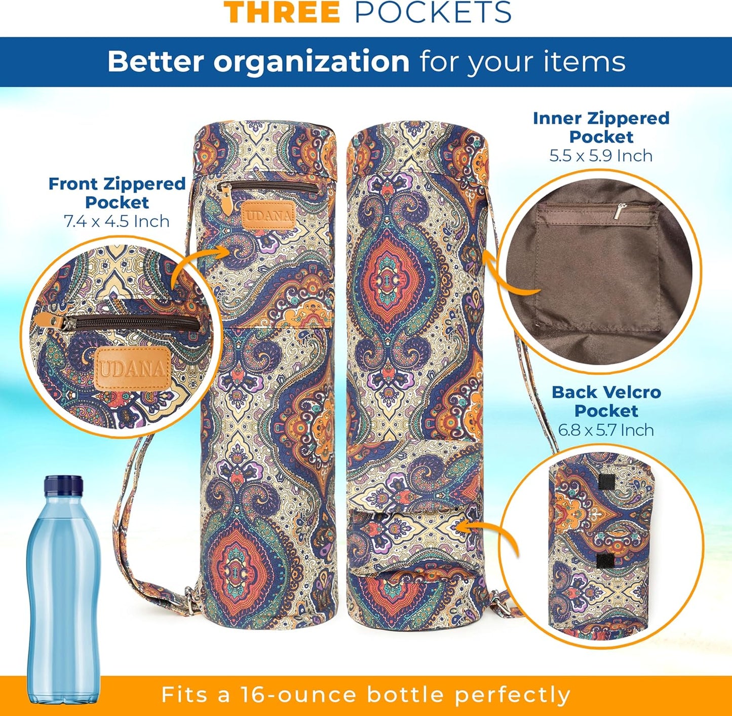 UDANA Canvas Yoga Mat Bag for Women & Men, Full-Zip Carrier with 3 Pockets & Adjustable Strap, Stylish Gym & Pilates Bag – Available in Multiple Sizes