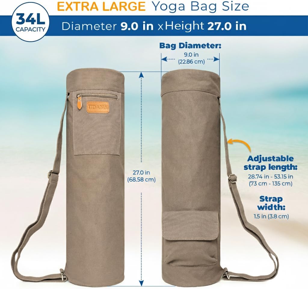 UDANA Canvas Yoga Mat Bag for Women & Men, Full-Zip Carrier with 3 Pockets & Adjustable Strap, Stylish Gym & Pilates Bag – Available in Multiple Sizes