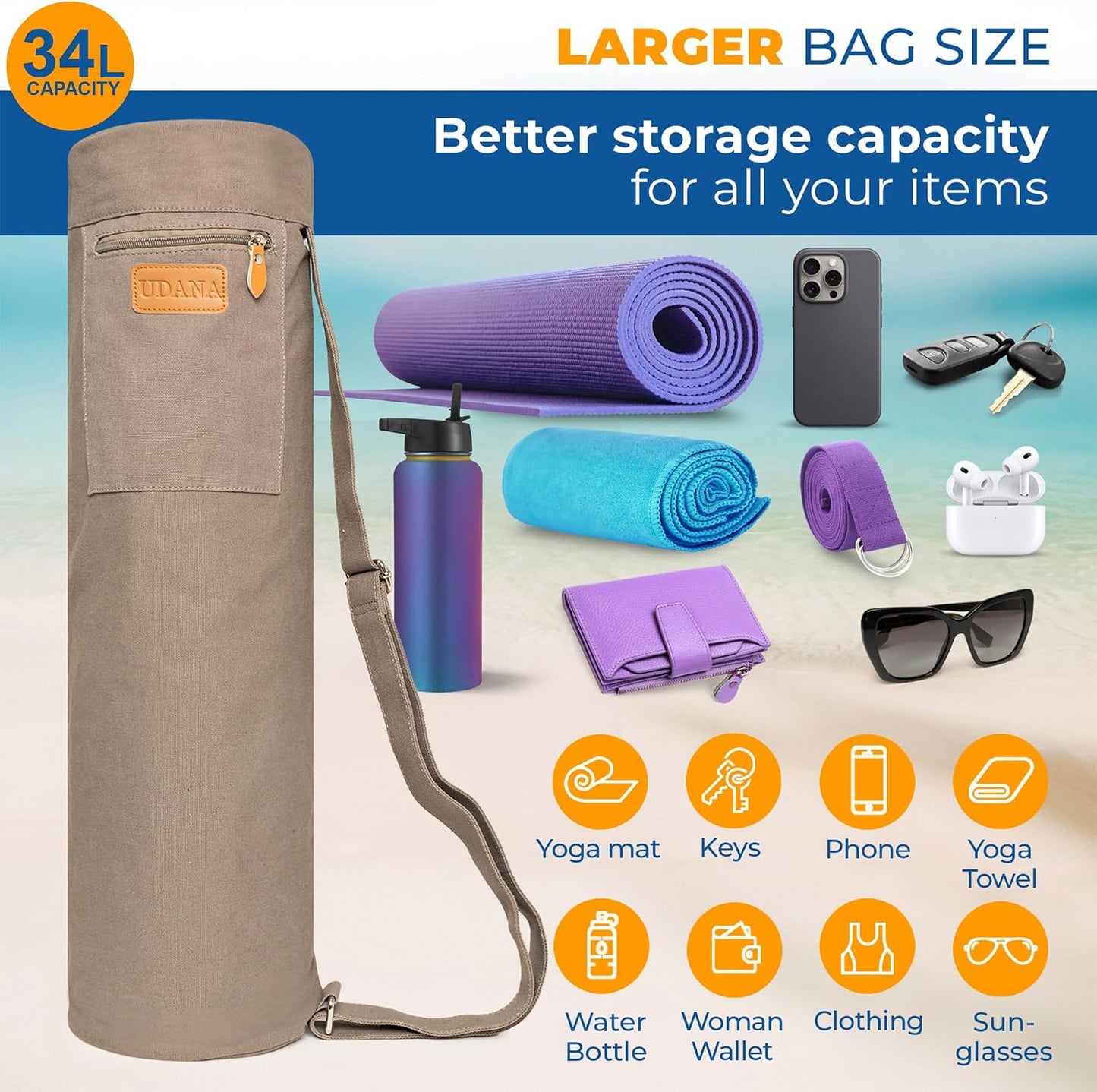 UDANA Canvas Yoga Mat Bag for Women & Men, Full-Zip Carrier with 3 Pockets & Adjustable Strap, Stylish Gym & Pilates Bag – Available in Multiple Sizes
