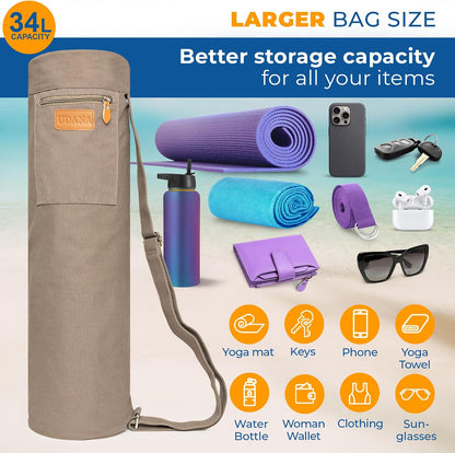 UDANA Canvas Yoga Mat Bag for Women & Men, Full-Zip Carrier with 3 Pockets & Adjustable Strap, Stylish Gym & Pilates Bag – Available in Multiple Sizes