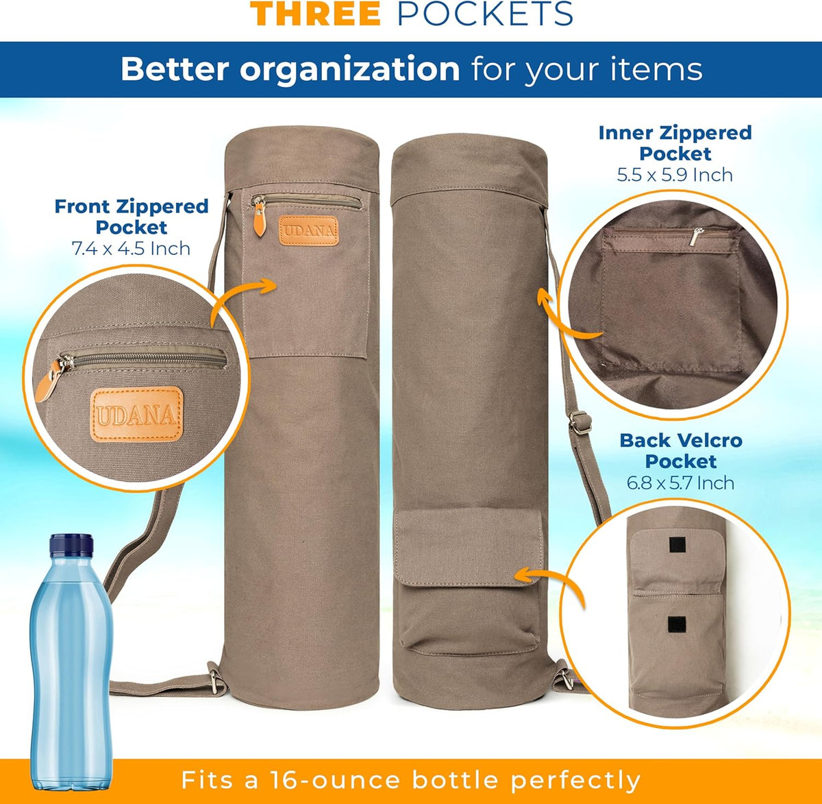 UDANA Canvas Yoga Mat Bag for Women & Men, Full-Zip Carrier with 3 Pockets & Adjustable Strap, Stylish Gym & Pilates Bag – Available in Multiple Sizes