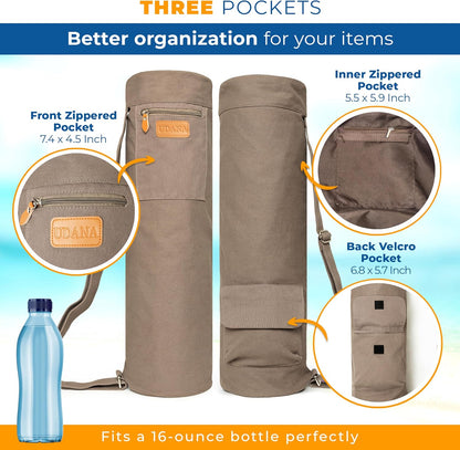 UDANA Canvas Yoga Mat Bag for Women & Men, Full-Zip Carrier with 3 Pockets & Adjustable Strap, Stylish Gym & Pilates Bag – Available in Multiple Sizes