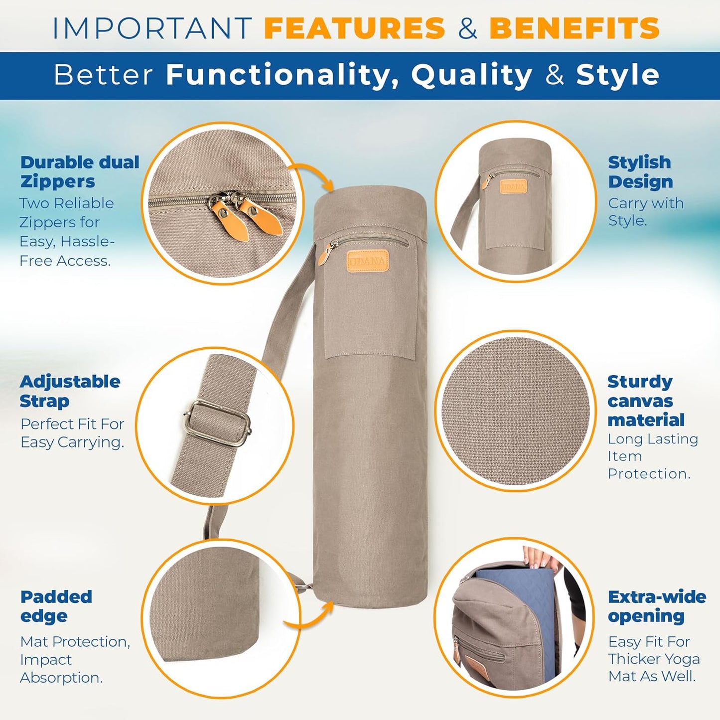 UDANA Canvas Yoga Mat Bag for Women & Men, Full-Zip Carrier with 3 Pockets & Adjustable Strap, Stylish Gym & Pilates Bag – Available in Multiple Sizes